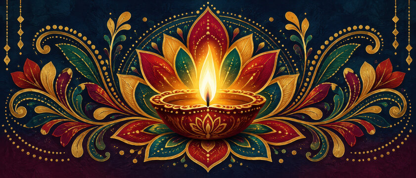 Ornate illustration of a glowing diya oil lamp centered within layered lotus petals, curling foliage, gold dots, and hanging ornaments on a dark textured backdrop.