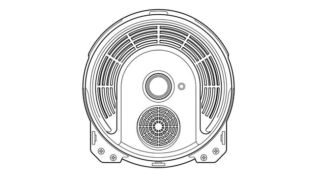Minimalist security camera technical drawing, modern dome surveillance camera line art schematic, smart home electronic device outline vector icon