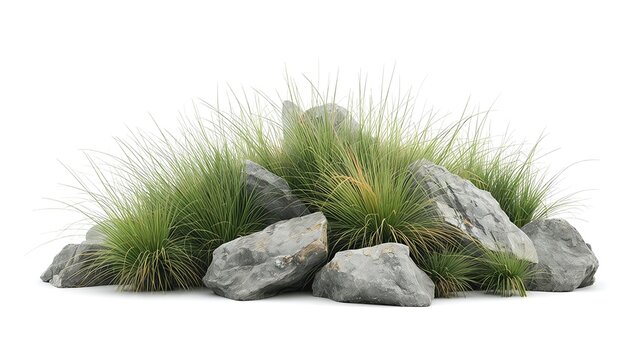 grass on white background/Ultra-sharp high-resolution rocks with wild grass, isolated on a white background. Ideal for nature, geology, landscaping, and environmental design projects.