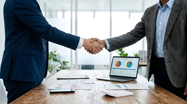 Corporate business handshake, professional partners shaking hands, successful office deal