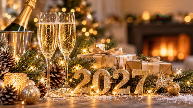 Two champagne flutes stand beside a bottle, gold 2027 numbers, wrapped gifts, pine cones, and ornaments in a warmly lit room with a glowing fireplace.