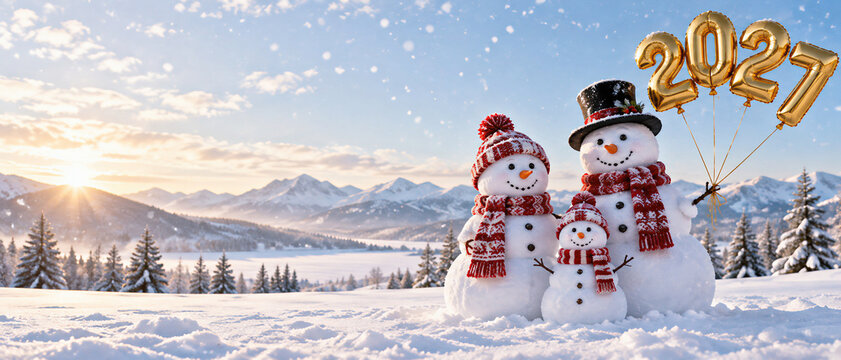 Three snowmen wearing red knitted hats and scarves stand in snowy mountains at sunrise, holding gold 2027 number balloons as snow falls over pine trees.