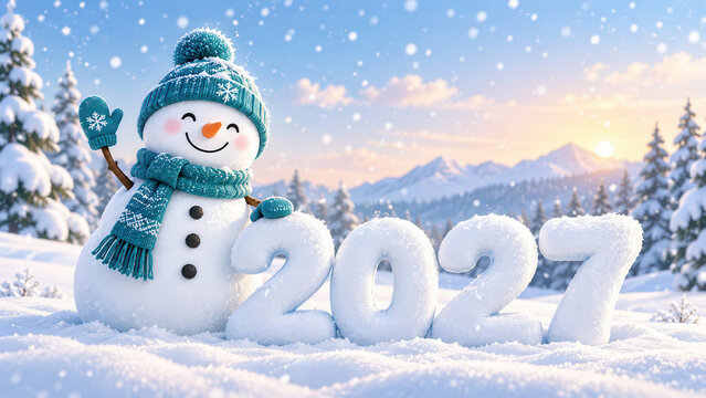 Cheerful snowman in a teal knitted hat scarf and mittens waves beside snow covered 2027 numbers in a frosty mountain landscape with falling snow at sunrise.