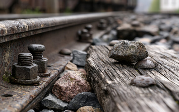 Close-up of train track rail and wooden sleeper with bolts and rocks