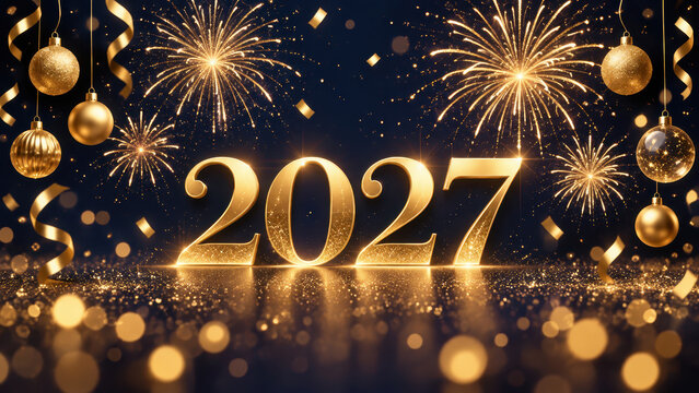 Large golden 2027 numerals shine beneath bursting fireworks, hanging ornaments, curling ribbons, and scattered confetti in a dark festive night scene.