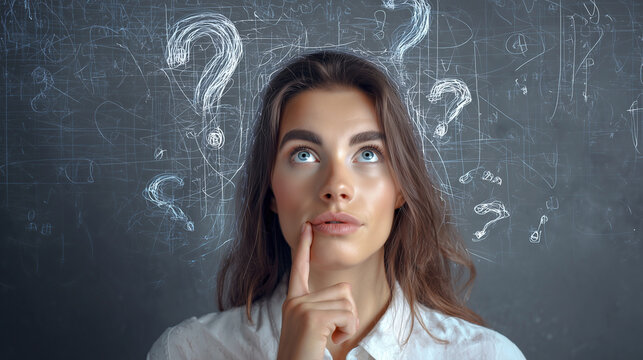 DONNA PENSIEROSA CHE GUARDA IN ALTO CON UN DITO SULLE LABBRA DAVANTI A UNA LAVAGNA CON DISEGNATI PUNTI DI DOMANDA, CONCETTO DI DUBBIO, PROCESSO DECISIONALE E SOLUZIONE DI PROBLEMI.