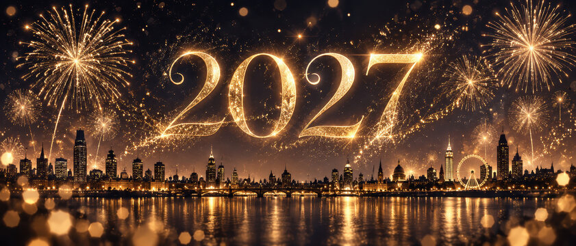 Glowing 2027 numerals hover above a nighttime city skyline as golden fireworks burst across the sky and reflections shimmer on a river beneath illuminated buildings.