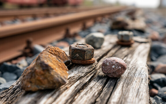 Close-up of train track rail and wooden sleeper with bolts and rocks