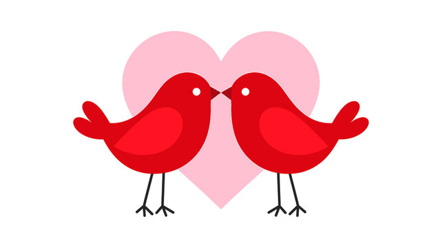 Minimalist lovebirds illustration with pink heart, red couple birds graphic for Valentine's Day greeting card design