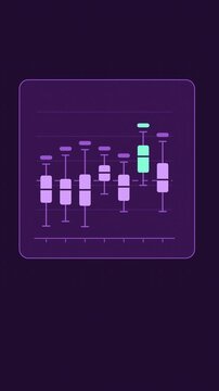 Vertical 9:16 animated box plot animation whiskers in violet and blue on a dark background. Seamless looping 4K data visualization in portrait format for reels, shorts, stories and mobile presentation