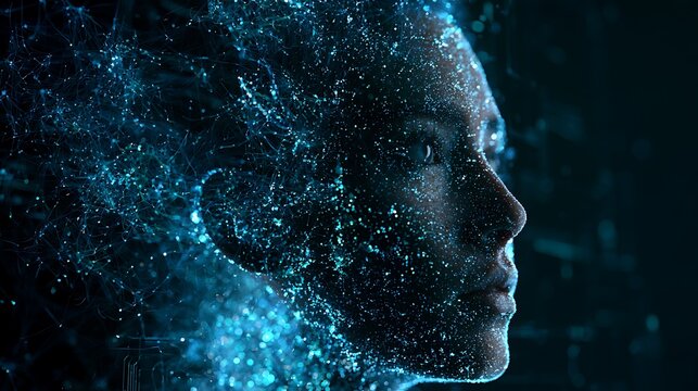 Side profile portrait of a woman face dissolving into digital blue particles