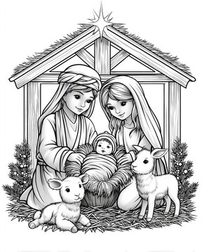 Holy family portraying baby jesus in a manger with mary, joseph, and two lambs standing inside a stable, depicting a religious christmas theme coloring page outline drawing