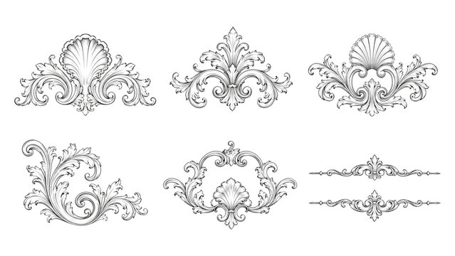 Six ornate vintage ornamental flourishes and dividers in black line art, rococo and baroque style decorative elements featuring shells, acanthus leaves, scrolls and symmetrical frames