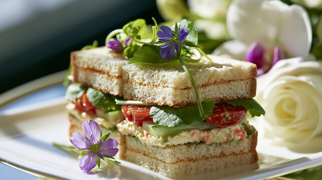 Delicious finger sandwich, perfect for high tea. Layers of bread, cucumber, tomato, and creamy filling with floral garnish