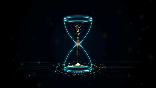 Digital hourglass with glowing particles flowing through a futuristic neon frame, representing time management, countdown, and data processing in a hightech virtual environment