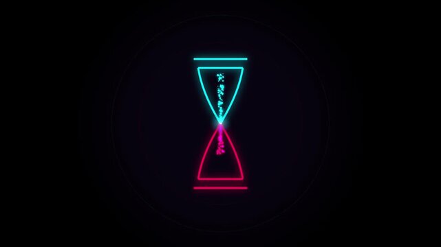 Neon hourglass icon with glowing particles flowing between chambers on a black background, representing the passage of time and digital countdown