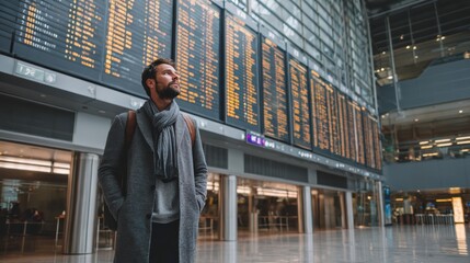 Fototapeta premium Male tourist standing in front of airport arrival board, looking up, bright natural light, calm travel mood