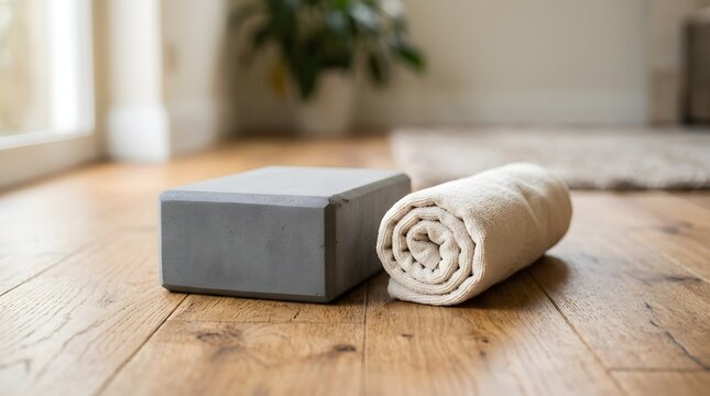 Gray foam yoga block and rolled cotton towel on wooden floor surface