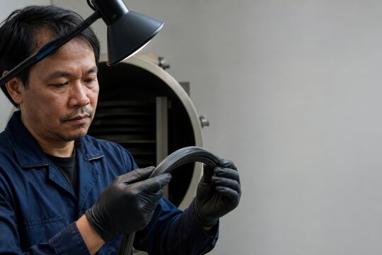 Rubber ozone testing - a technician checking an aged industrial seal