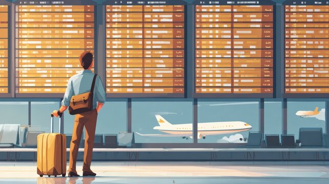 Traveler male at terminal, looking at large arrivals and departures display, suitcase beside him, bright daylight