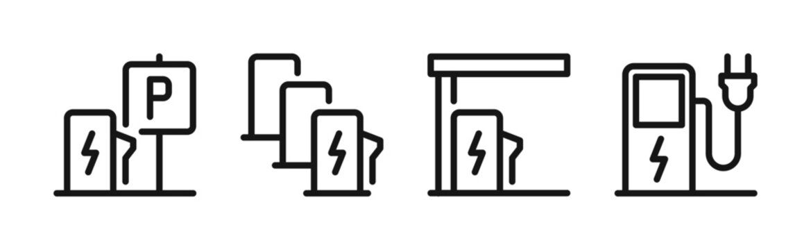 Electric vehicle charging symbols, car battery power and plug connection icons, EV energy supply, charging cable and electrical outlet elements, clean transportation technology flat vector illustratio