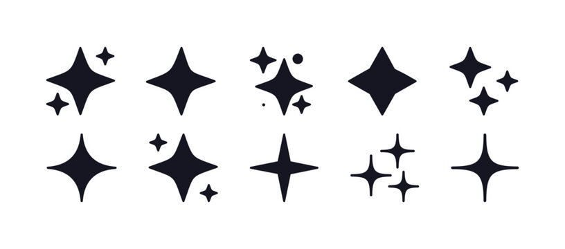 Sparkle and star collection, glittering celestial shapes with radiant twinkles, shining decorative symbols and magical light effects, festive beauty accents flat vector illustration.