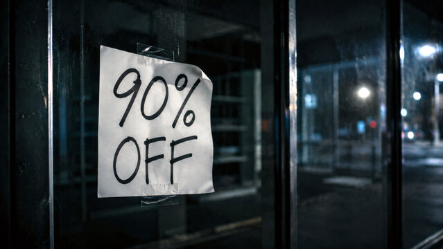 Handwritten 90 percent off sign taped to a dark store window at night suggesting clearance sale, liquidation and retail closure