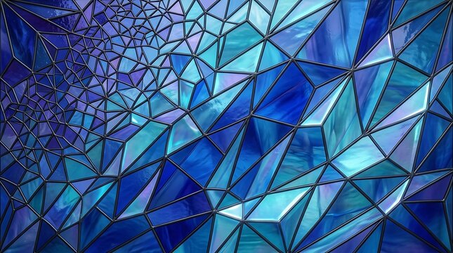 A complex geometric stained glass pattern in shades of blue and cyan, featuring a dense network of triangles and polygons with dark outlines