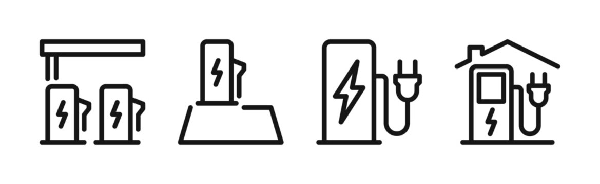 Electric vehicle charging station line icon set, car connected to charging socket, battery power and electric energy symbols, automotive charging infrastructure flat vector illustration.