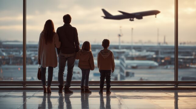 Young family of three at airport terminal window, airplane taking off, full body, calm travel atmosphere 