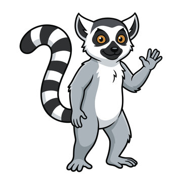 Cartoon ring tailed lemur smiling and waving on white background with zoo animal