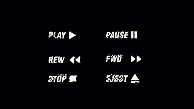 6 VHS element with glitch effect play forward pause rewind stop eject, transparent backghround. 4K Resolution