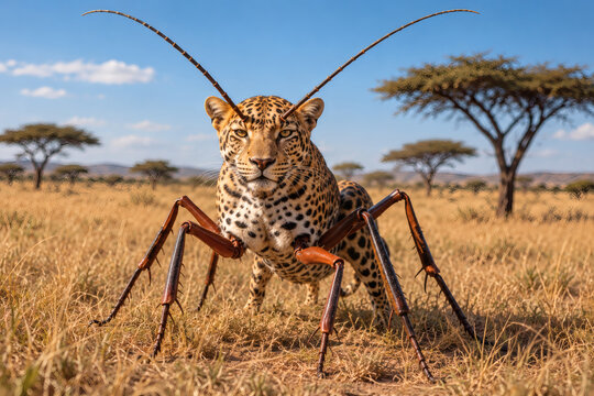Surreal fantasy hybrid combining a leopard with insect legs and long antennae, an imaginative fictional creature standing in a sunny African savanna landscape.