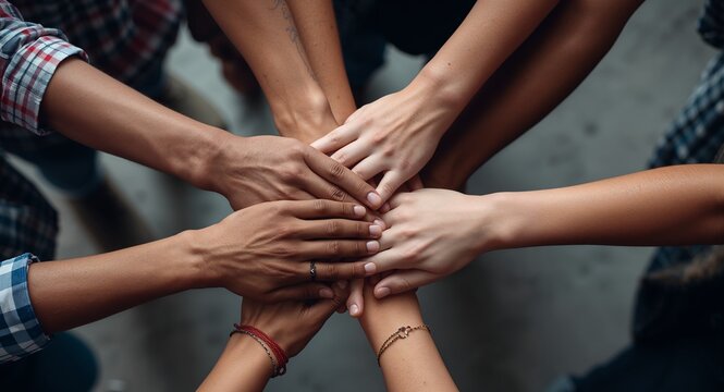 A close-up shot capturing the hands of young people expressing unity and � Professional Stock Photography Concept for Commercial and Marketing Use