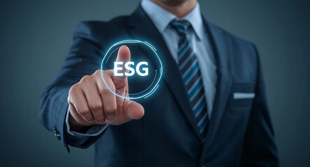 Obraz premium A distinguished businessman pressing an ESG icon on a sleek screen, illustrating � Business Professional and Corporate Lifestyle Concept for Leadership