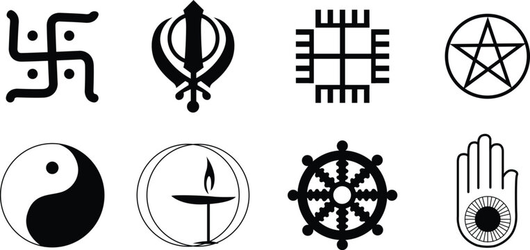 Set of religious and spiritual symbols including swastika, khanda, pentacle, yin yang, and dharmachakra