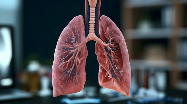 Anatomical illust n of human lungs with bronchial tree and vascular network shown in clinical detail