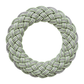 A circular ring formed by intricately braided green and grey nautical ropes showcasing a complex woven texture and marine craftsmanship for maritime decor