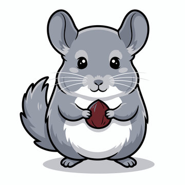 Cute cartoon chinchilla holding a nut isolated on white background