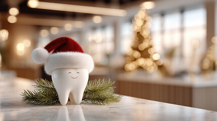 Fototapeta premium Happy tooth mascot in a santa hat stands in a bright modern dental clinic lobby beside a decorated christmas tree and gift boxes, symbolizing festive oral health care and cheer