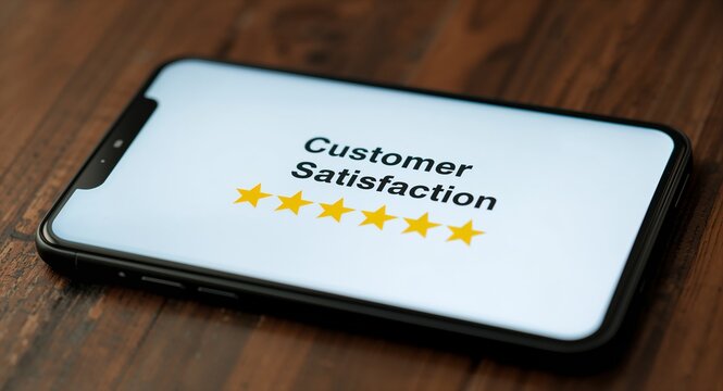 A mobile device displays a customer satisfaction review concept with 5-star ratings, effectively utilizing � E-Commerce and Online Shopping Concept for Digital Retail