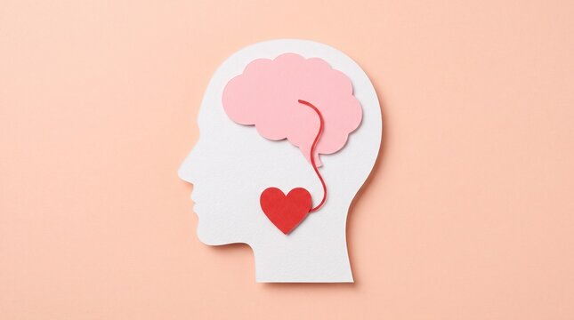 Paper cut out of a human head profile with a brain and heart connected by a red thread