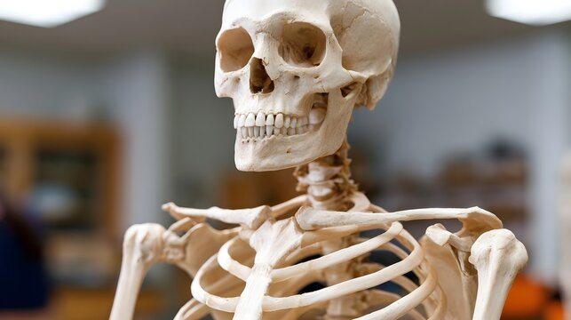 Close up of a human skeleton s head and upper torso  showing skull  jaw  ribs  and shoulder bones in a clinical setting