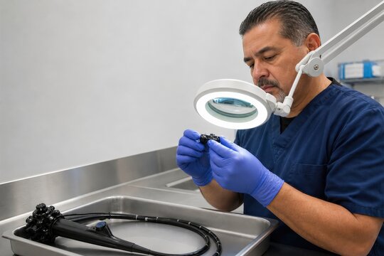 Endoscope reprocessing department - a specialist inspecting a valve in a clean zone