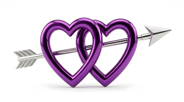 Purple interlocking heart symbols pierced by a silver arrow for romantic love concept