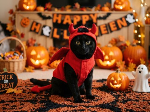Black cat wearing a devil costume for halloween party