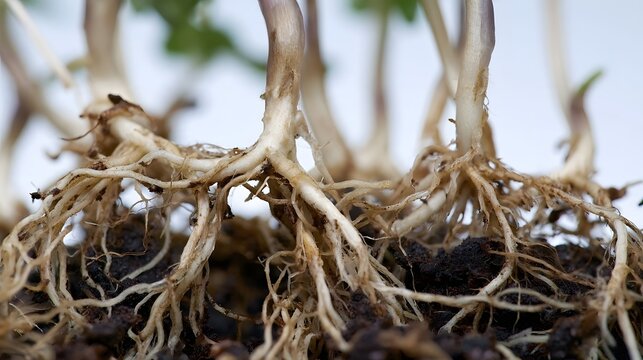 Close up of intertwined plant roots emerging from dark soil with visible stem bases and fine root hairs