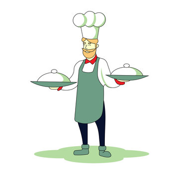 A chef in uniform is ready to serve dishes.