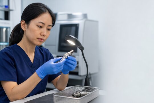 Endoscope reprocessing department - a biomedical specialist inspecting a reprocessor connector
