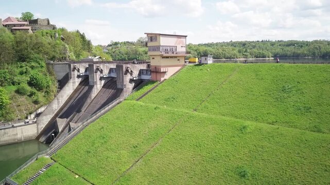 Lake Dobczyce. Water dam, view from the drone.
